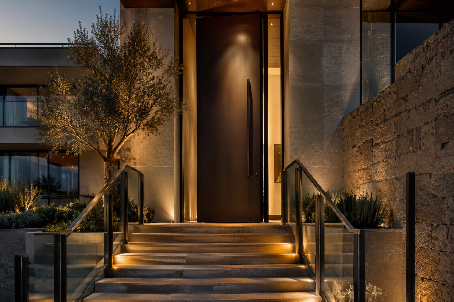 Oversized Aluminium Pivot Entry Door Dark Bronze Villa Entrance Dusk Richocean Foshan Exterior Doors Manufacturer China Foshan Factory Price Pivot Hinge Thermal Bow Aluminum Entry